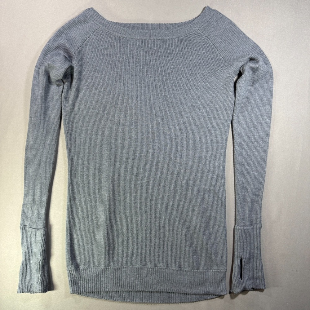 Lululemon Ribbed Knit Sweater Gray Blue Thumbholes Raglan Scoop Neck Pullover